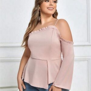 Blush Plus Frill Trim Asymmetrical Neck Peplum Blouse